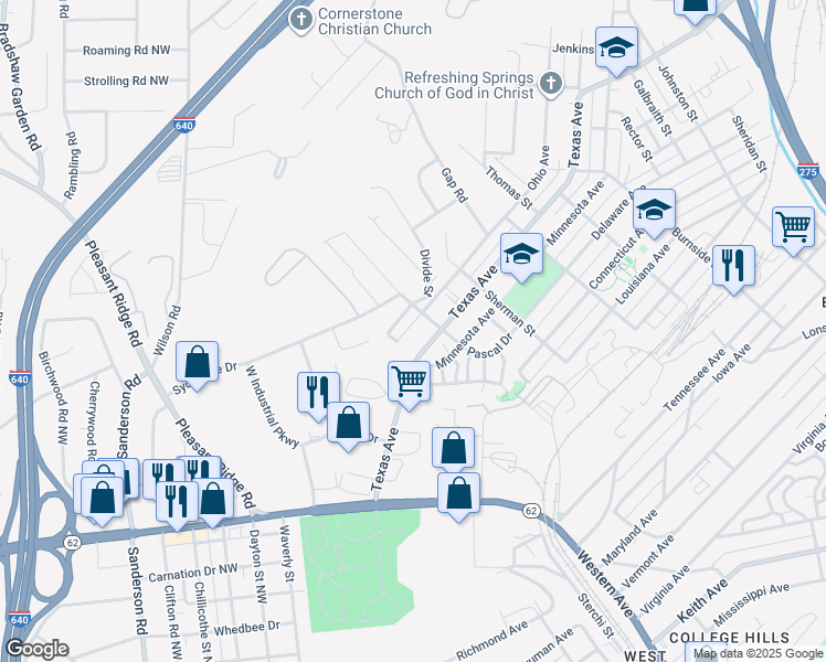 map of restaurants, bars, coffee shops, grocery stores, and more near 2116 Ohio Avenue in Knoxville