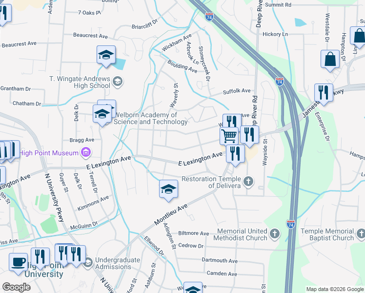 map of restaurants, bars, coffee shops, grocery stores, and more near 2408 Dallas Avenue in High Point