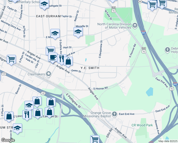 map of restaurants, bars, coffee shops, grocery stores, and more near 2609 Owen Street in Durham