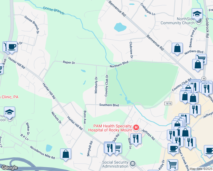 map of restaurants, bars, coffee shops, grocery stores, and more near Country Club Drive in Rocky Mount