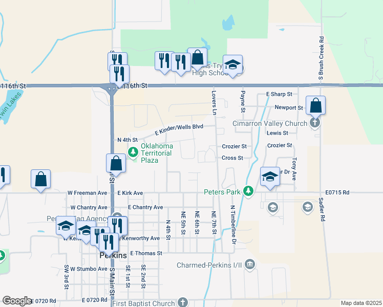 map of restaurants, bars, coffee shops, grocery stores, and more near 607 East Kinder/Wells Boulevard in Perkins