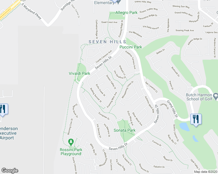 map of restaurants, bars, coffee shops, grocery stores, and more near 1336 Meandering Hills Drive in Henderson