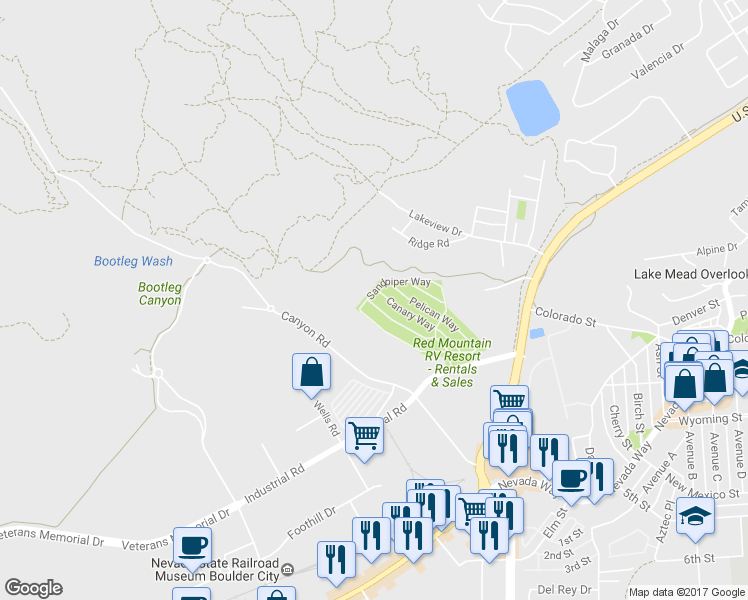 map of restaurants, bars, coffee shops, grocery stores, and more near 875 Oriole Way in Boulder City