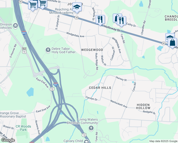 map of restaurants, bars, coffee shops, grocery stores, and more near 315 South Woodcrest Street in Durham