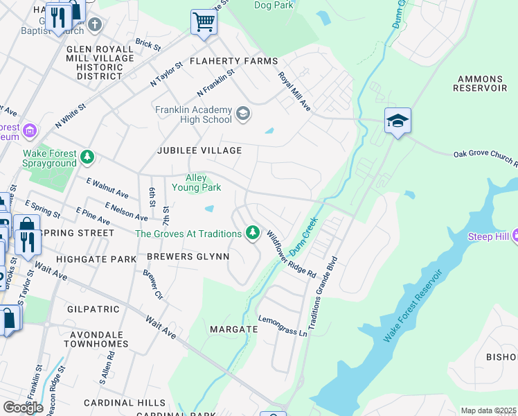 map of restaurants, bars, coffee shops, grocery stores, and more near 812 Conifer Forest Lane in Wake Forest