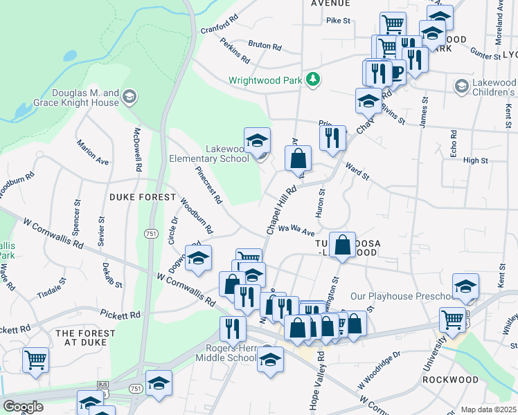 map of restaurants, bars, coffee shops, grocery stores, and more near 2615 Vesson Avenue in Durham
