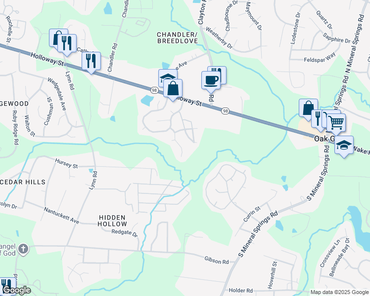 map of restaurants, bars, coffee shops, grocery stores, and more near 518 Farm House Lane in Durham