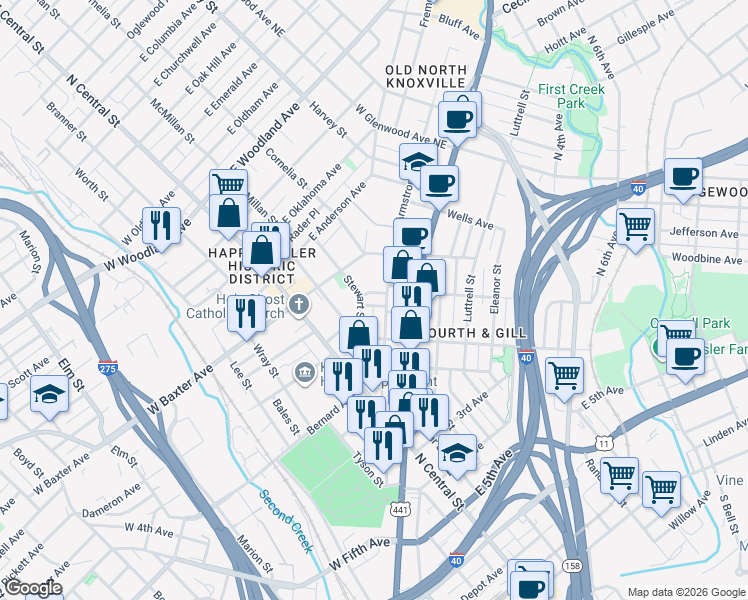 map of restaurants, bars, coffee shops, grocery stores, and more near 312 Silver Place in Knoxville