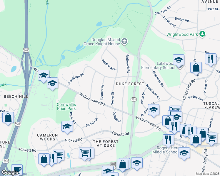 map of restaurants, bars, coffee shops, grocery stores, and more near 2716 Sevier Street in Durham