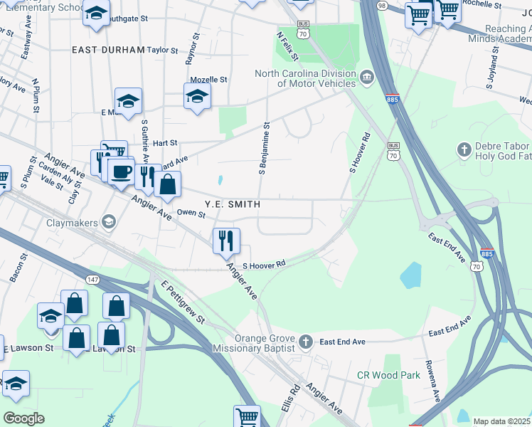 map of restaurants, bars, coffee shops, grocery stores, and more near 2705 Owen Street in Durham