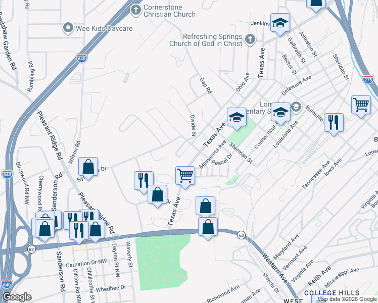 map of restaurants, bars, coffee shops, grocery stores, and more near 2110 Ohio Avenue in Knoxville