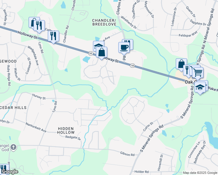 map of restaurants, bars, coffee shops, grocery stores, and more near 518 Farm House Lane in Durham