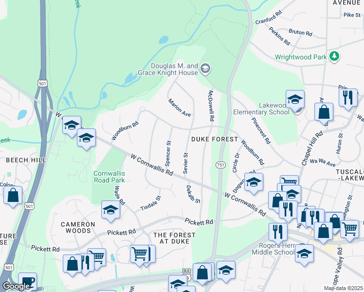 map of restaurants, bars, coffee shops, grocery stores, and more near 2716 Sevier Street in Durham