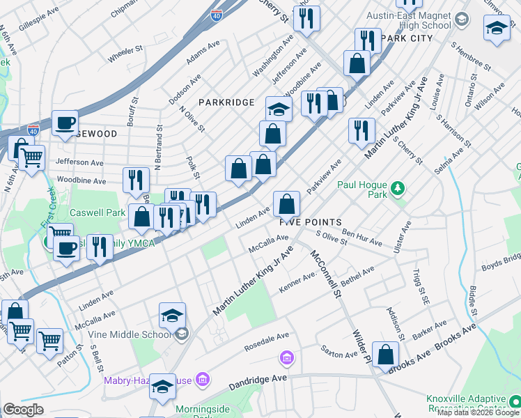 map of restaurants, bars, coffee shops, grocery stores, and more near 2204 Linden Avenue in Knoxville