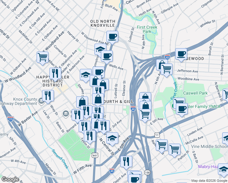 map of restaurants, bars, coffee shops, grocery stores, and more near 930 Luttrell Street in Knoxville