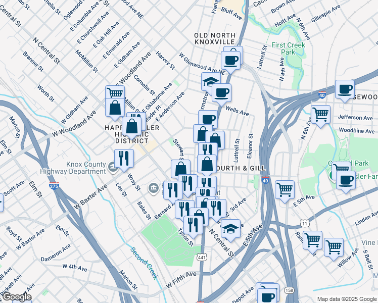 map of restaurants, bars, coffee shops, grocery stores, and more near 312 Silver Place in Knoxville