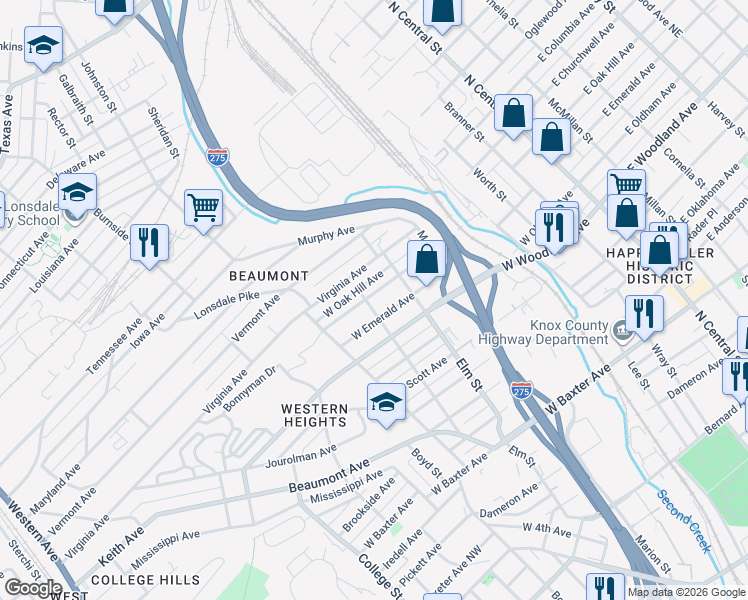 map of restaurants, bars, coffee shops, grocery stores, and more near 827 West Emerald Avenue in Knoxville