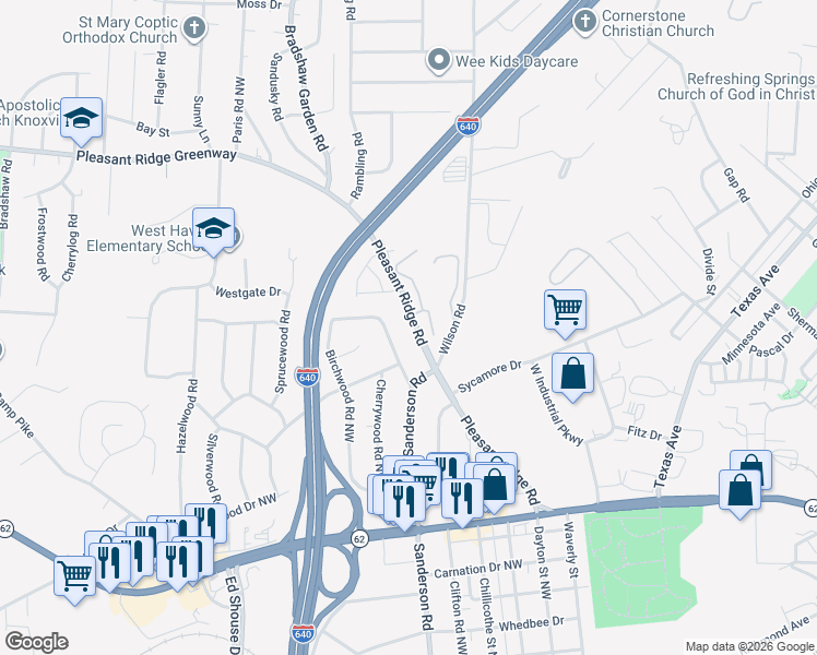 map of restaurants, bars, coffee shops, grocery stores, and more near 3914 Elderwood Road Northwest in Knoxville