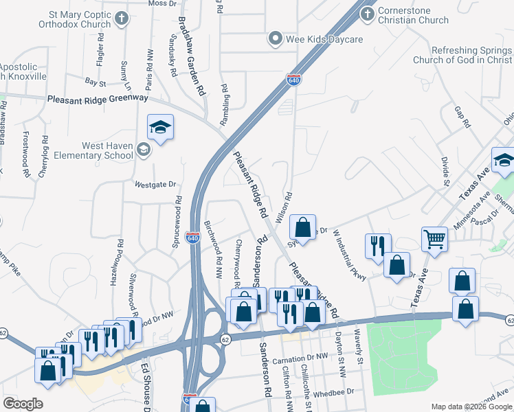 map of restaurants, bars, coffee shops, grocery stores, and more near 3914 Elderwood Road Northwest in Knoxville