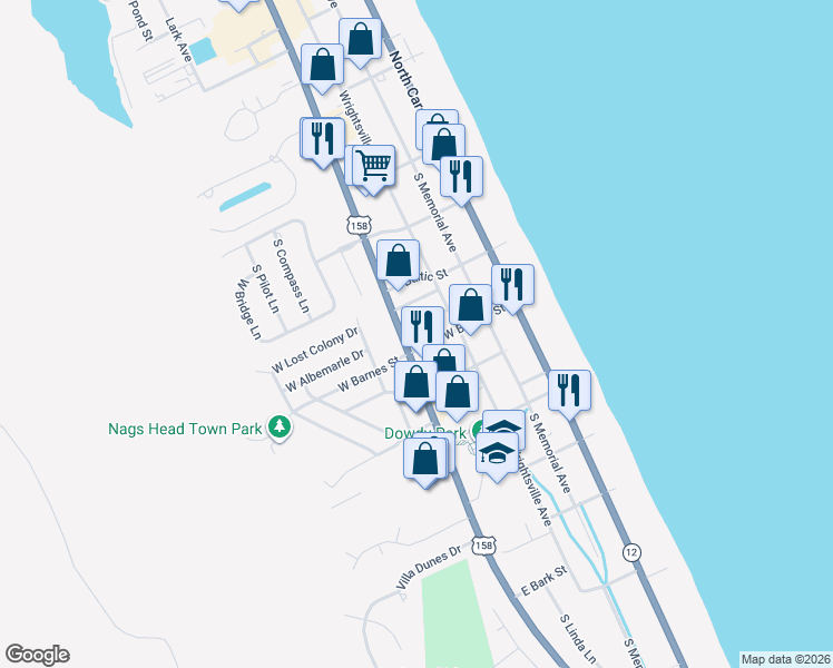 map of restaurants, bars, coffee shops, grocery stores, and more near 2721 South Croatan Highway in Nags Head