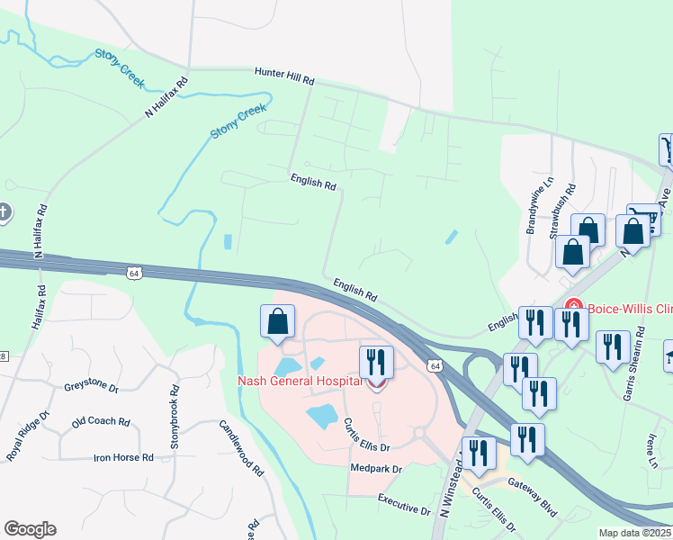map of restaurants, bars, coffee shops, grocery stores, and more near 516 English Road in Rocky Mount