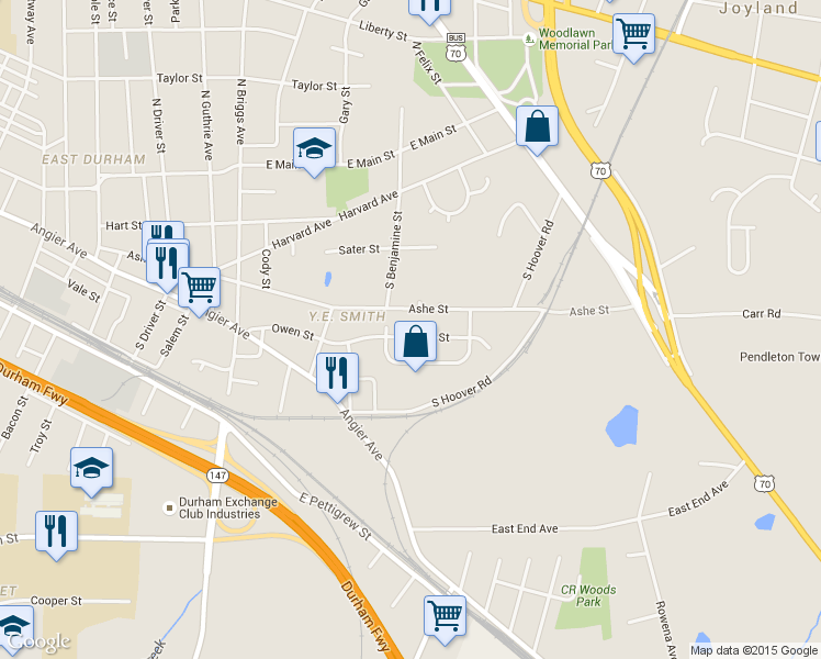 map of restaurants, bars, coffee shops, grocery stores, and more near 2709 Owen Street in Durham