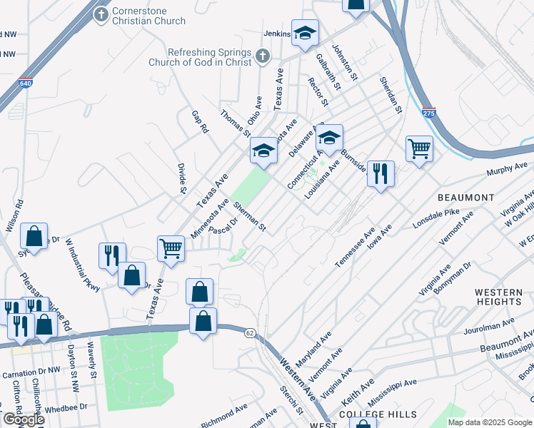 map of restaurants, bars, coffee shops, grocery stores, and more near 1742 Connecticut Avenue in Knoxville