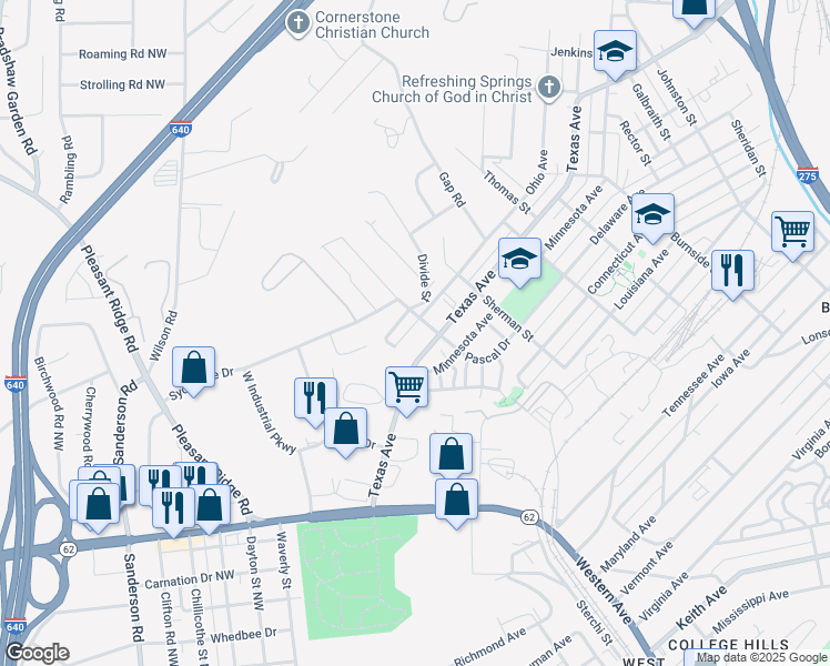 map of restaurants, bars, coffee shops, grocery stores, and more near 2110 Ohio Avenue in Knoxville