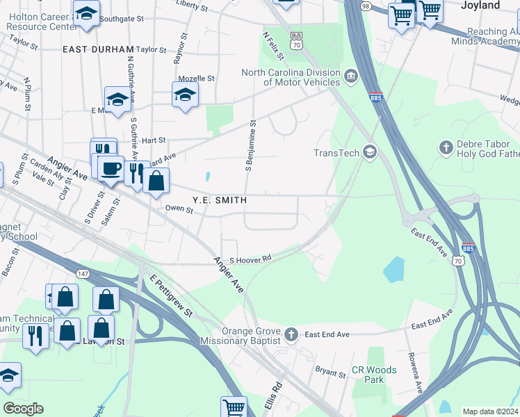 map of restaurants, bars, coffee shops, grocery stores, and more near 2709 Owen Street in Durham