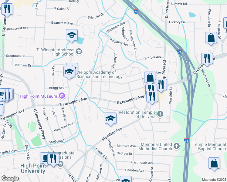 map of restaurants, bars, coffee shops, grocery stores, and more near 2405 Dallas Avenue in High Point