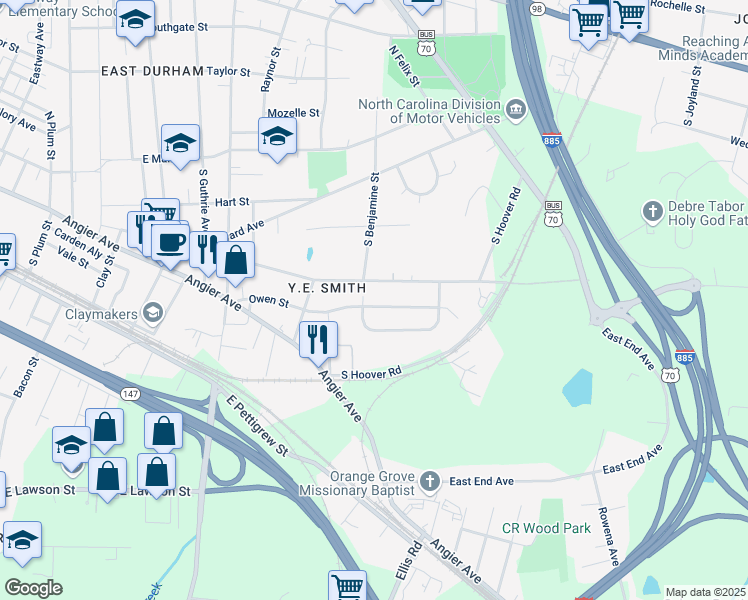 map of restaurants, bars, coffee shops, grocery stores, and more near 2705 Owen Street in Durham