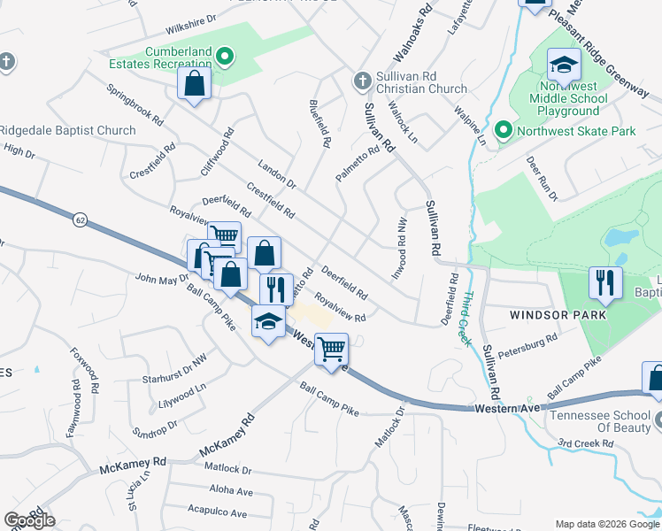 map of restaurants, bars, coffee shops, grocery stores, and more near 4201 Deerfield Road in Knoxville