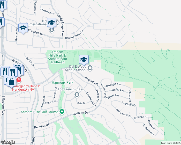 map of restaurants, bars, coffee shops, grocery stores, and more near 2200 Reunion Drive in Henderson