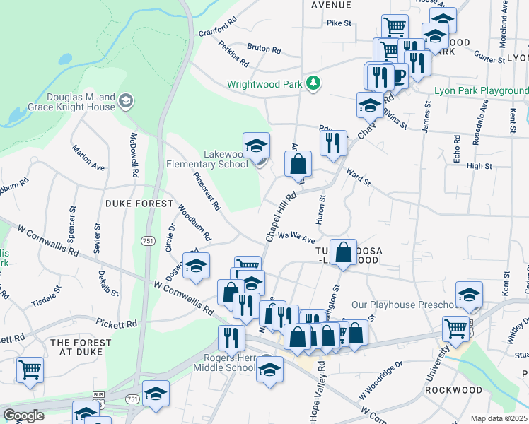 map of restaurants, bars, coffee shops, grocery stores, and more near 2615 Vesson Avenue in Durham