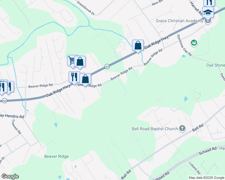map of restaurants, bars, coffee shops, grocery stores, and more near 6514 Beaver Ridge Rd in Knoxville