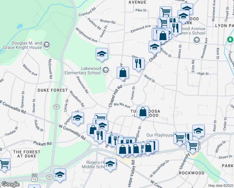map of restaurants, bars, coffee shops, grocery stores, and more near 2519 Chapel Hill Road in Durham
