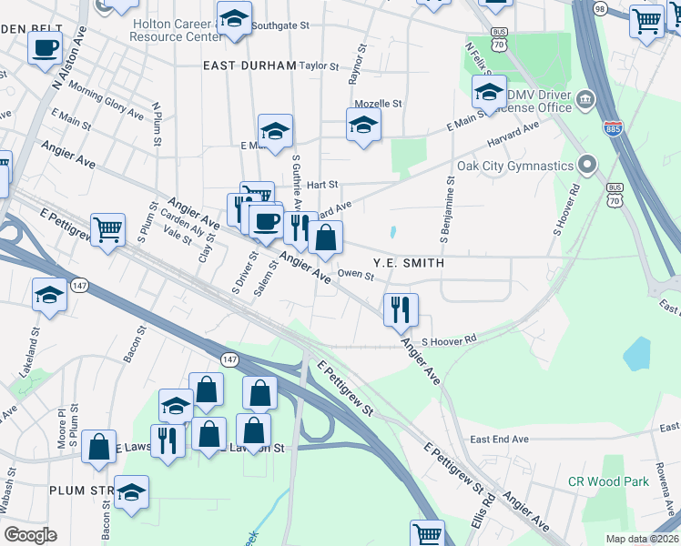 map of restaurants, bars, coffee shops, grocery stores, and more near 502 Bruce Street in Durham