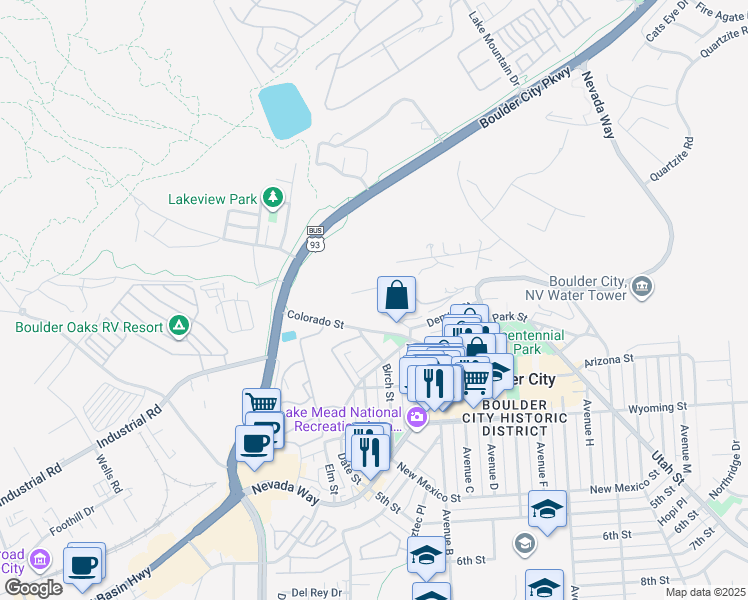 map of restaurants, bars, coffee shops, grocery stores, and more near 1404 Denver Street in Boulder City