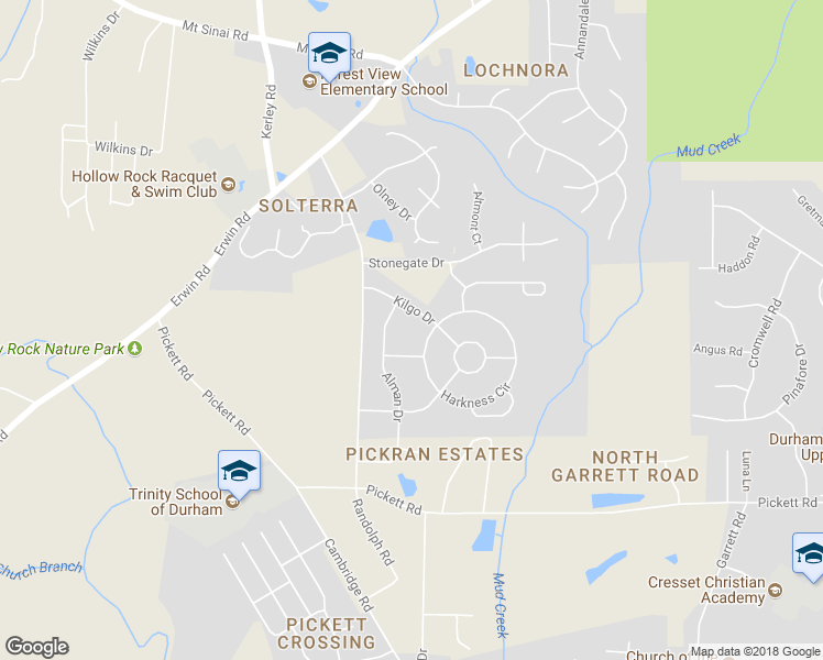 map of restaurants, bars, coffee shops, grocery stores, and more near 3451 Alman Drive in Durham