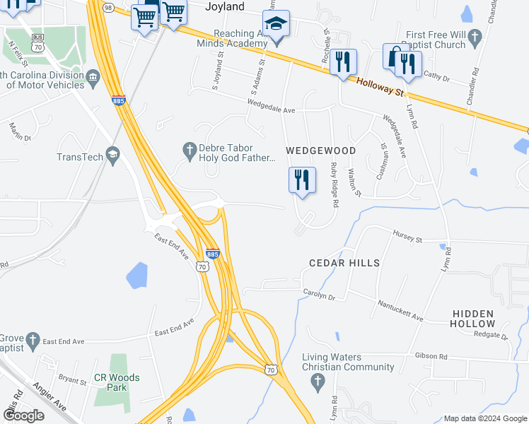 map of restaurants, bars, coffee shops, grocery stores, and more near 3508 Carr Road in Durham