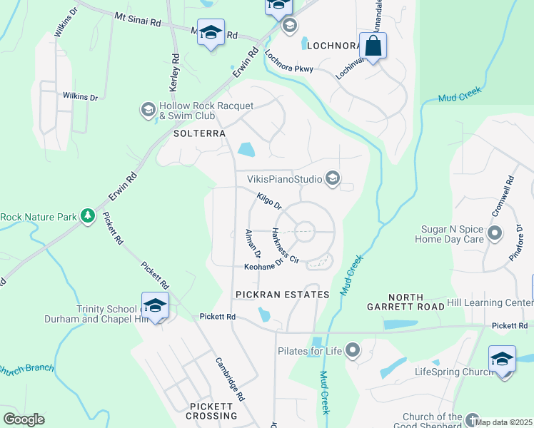 map of restaurants, bars, coffee shops, grocery stores, and more near 3451 Alman Drive in Durham