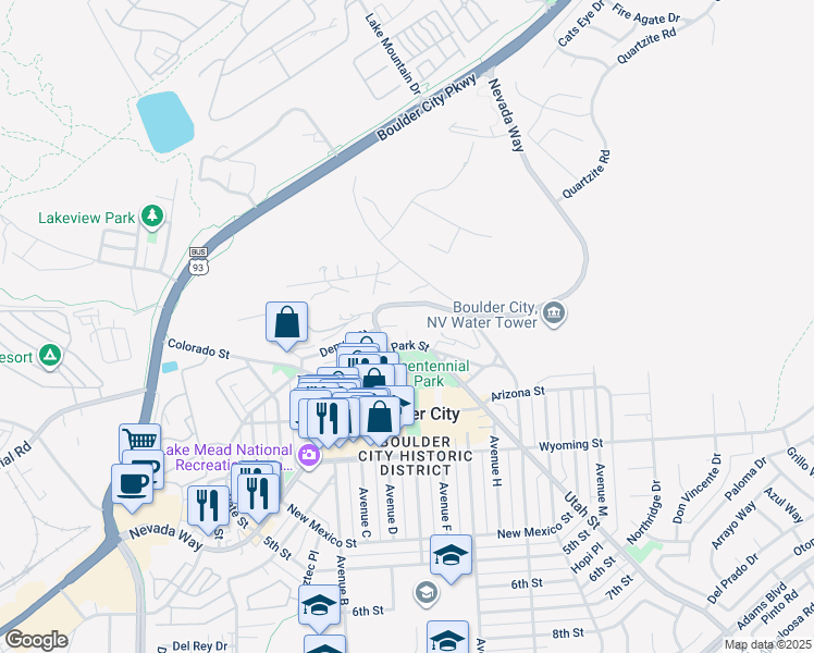 map of restaurants, bars, coffee shops, grocery stores, and more near 1200 Park Street in Boulder City