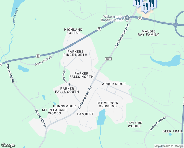 map of restaurants, bars, coffee shops, grocery stores, and more near 12905 Old Creedmoor Road in Raleigh