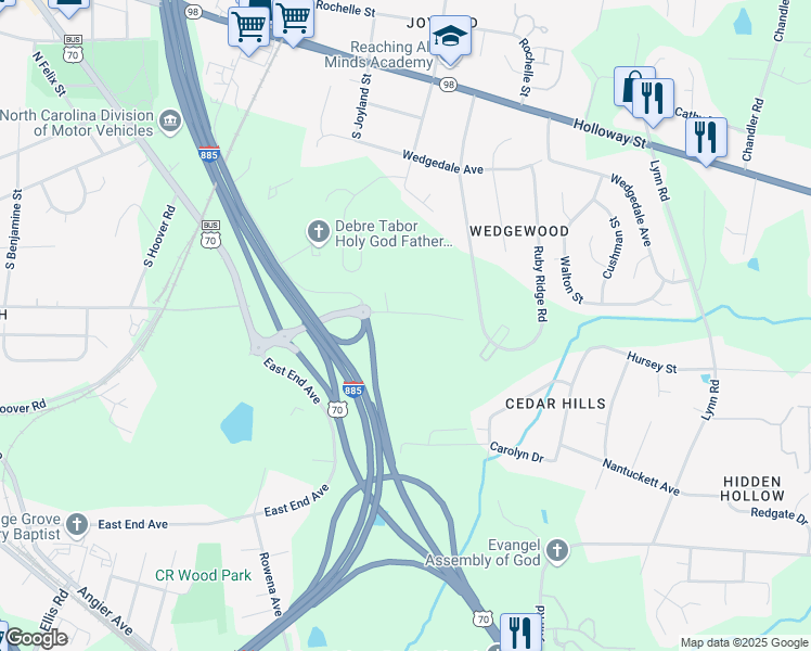 map of restaurants, bars, coffee shops, grocery stores, and more near 3432 Carr Road in Durham