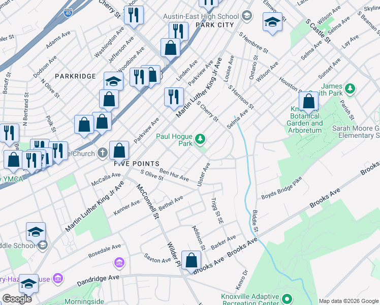 map of restaurants, bars, coffee shops, grocery stores, and more near 2437 Selma Avenue in Knoxville
