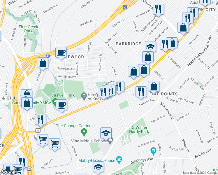 map of restaurants, bars, coffee shops, grocery stores, and more near 2011 East Magnolia Avenue in Knoxville