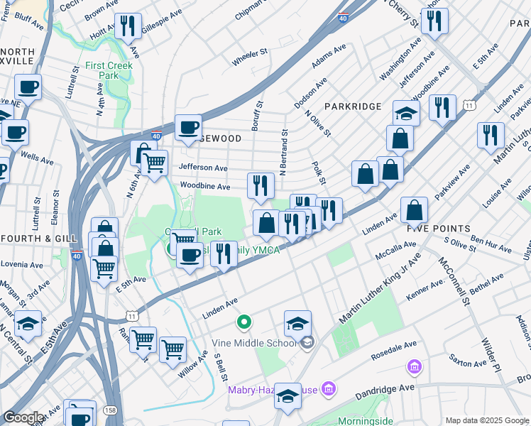 map of restaurants, bars, coffee shops, grocery stores, and more near 1805 East 5th Avenue in Knoxville