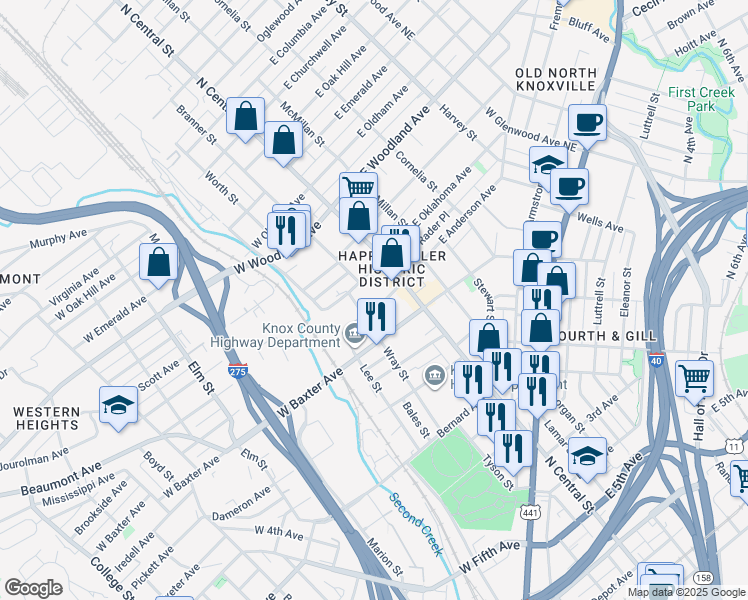 map of restaurants, bars, coffee shops, grocery stores, and more near 145 West Anderson Avenue in Knoxville