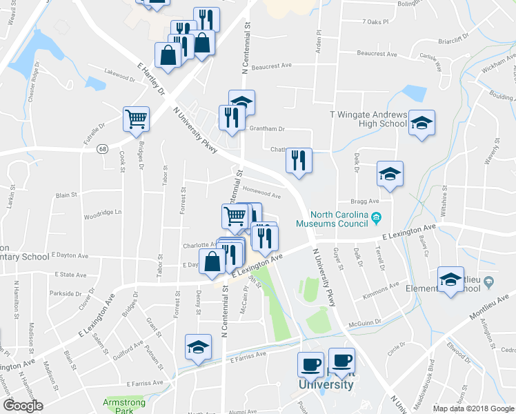 map of restaurants, bars, coffee shops, grocery stores, and more near 1117 Meadowlawn Avenue in High Point