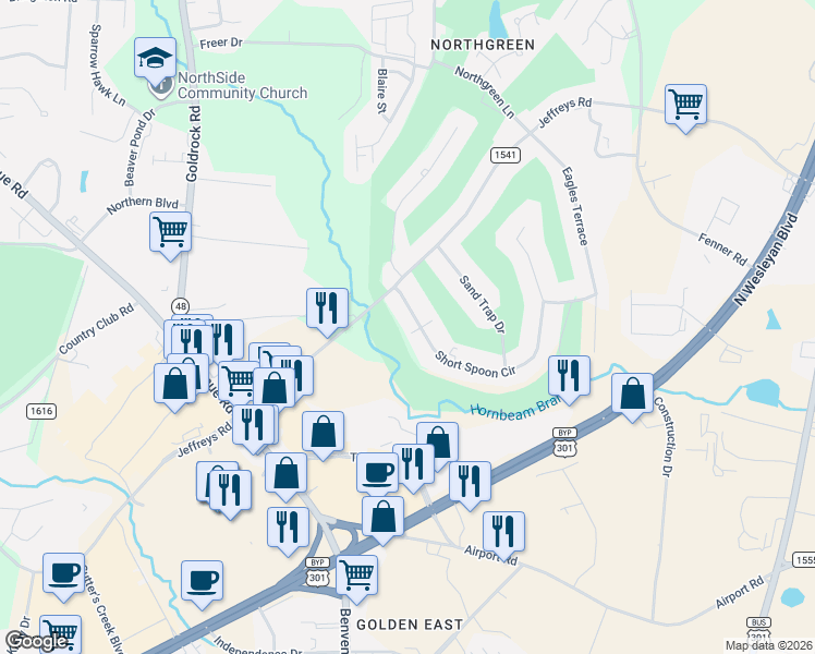 map of restaurants, bars, coffee shops, grocery stores, and more near 620 Short Spoon Circle in Rocky Mount